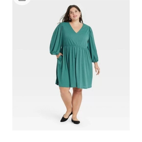 Women' Plus size Long Sleeve Knit Babydoll Dress- Ava & Viv- Green- Size: 2XL - Picture 1 of 4